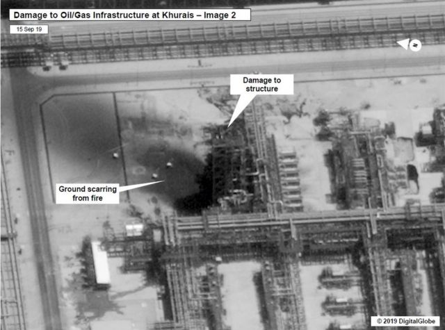 Imagen difundida por el gobierno estadounidense de los supuestos daños en la planta de Aramco.