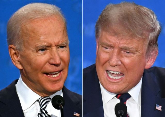 Primer plano de Joe Biden a la izquierda y de Donald Trump a la derecha