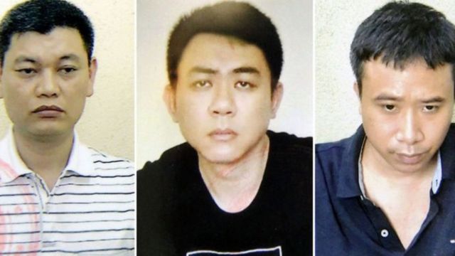 The defendants Nguyen Anh Ngoc (secretary, left), Nguyen Hoang Trung (driver, center) and Pham Quang Dung (C03, right).