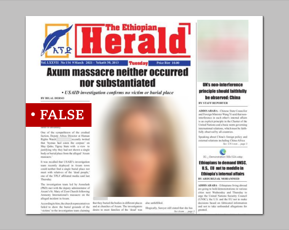 Screenshot of Ethiopian Herald front page, with 'False' banner