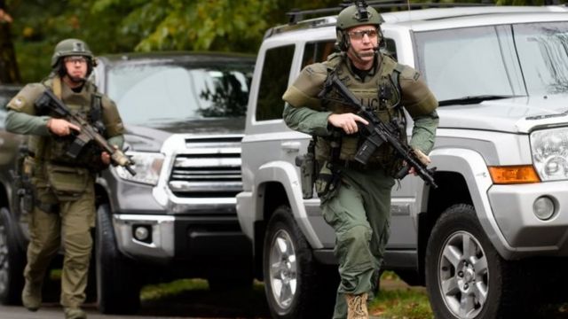 Police officers at the scene of the shooting in Pittsburgh