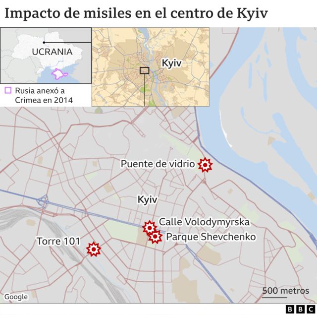 Mapa con los sitios que fueron atacados en Kyiv