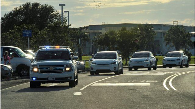 The team was brought to the Kennedy Space Center by Tesla electric vehicles.