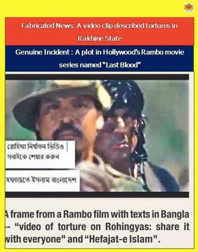 Facebook post entitled: 'Fabricated News: Video clip described tortures in Rakhine State. Genuine Incident: Plot in Hollywood's Rambo movie'