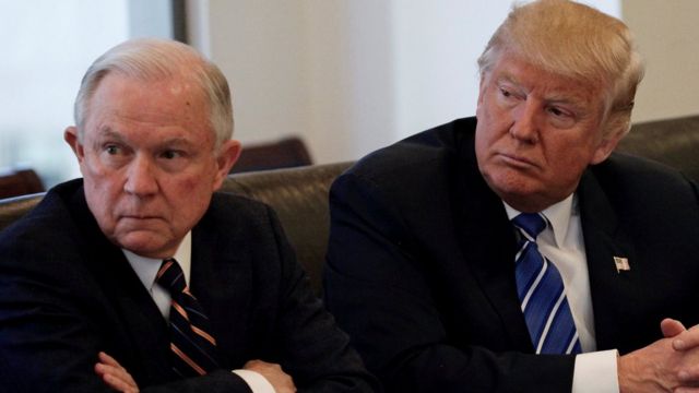 Donald Trump, right, with US Senator Jeff Sessions at Trump Tower, New York, 7 October 2016
