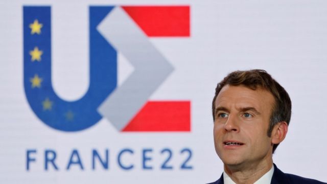Emmanuel Macron at news conference to mark France's EU presidency