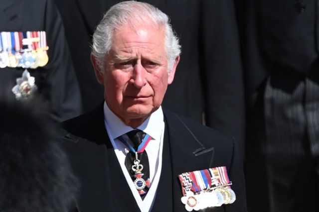 King Charles III follows the Land Rover Defender carrying the coffin ahead of the funeral of the Duke of Edinburgh at Windsor Castle, Berkshire, 17 April 2021.