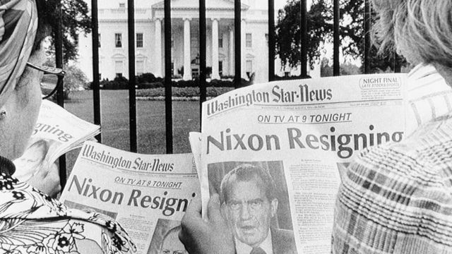 Front pages show Nixon's resignation