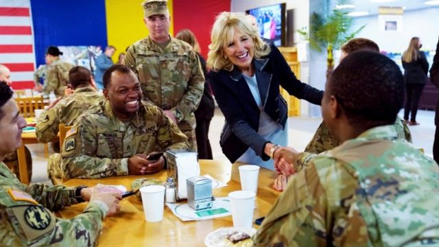 U.S. First lady Jill Biden meets U.S. troops during a visit to the Mihail Kogalniceanu Air Base in Romania, Friday, May 6, 2022