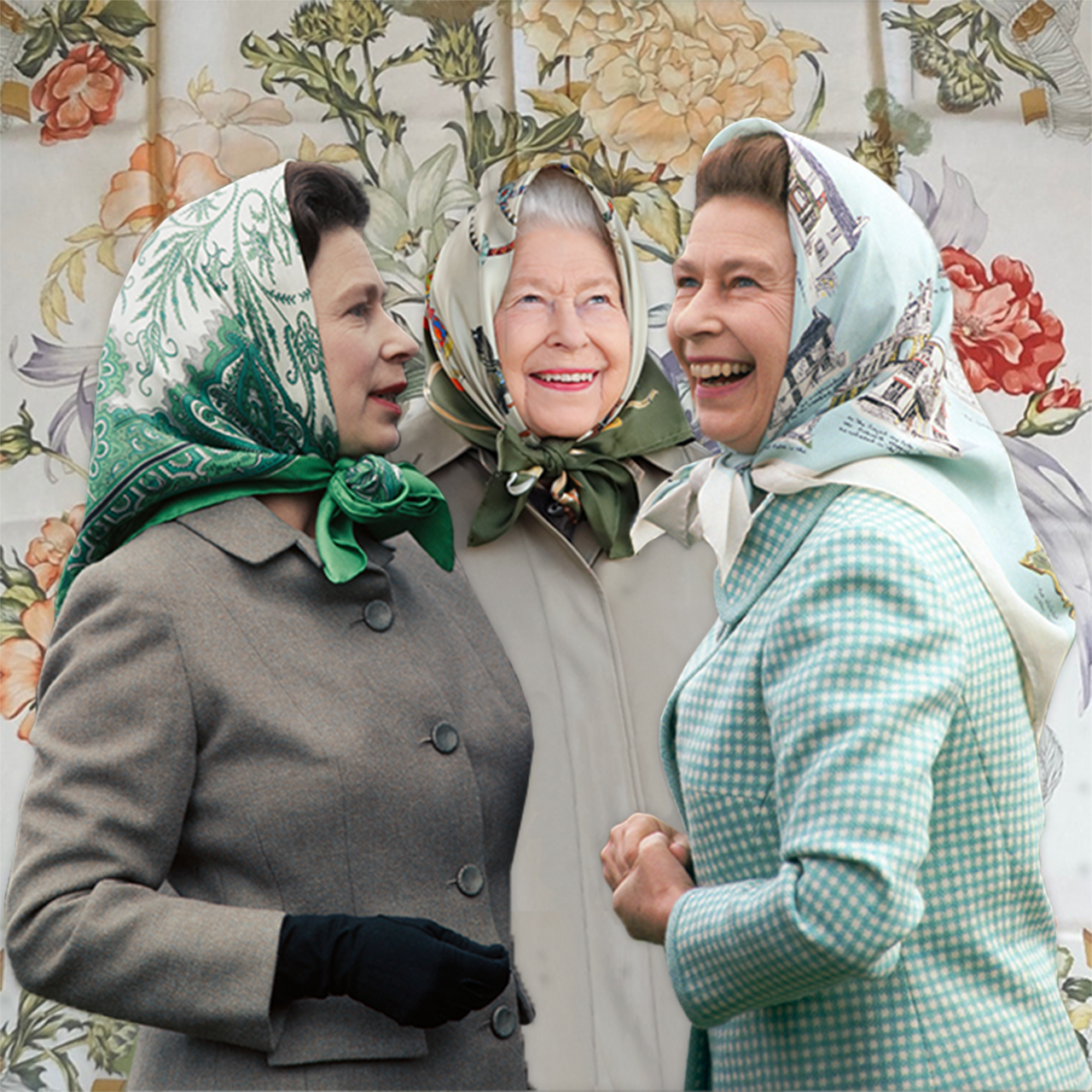 The queen wears various silk scarves
