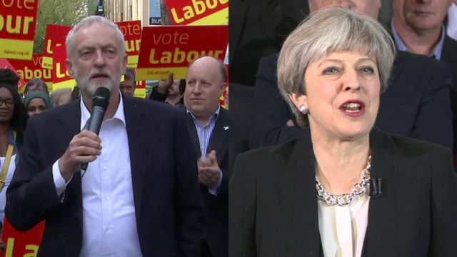 Jeremy Corbyn and Theresa May speaking in Croydon and Bolton respectively