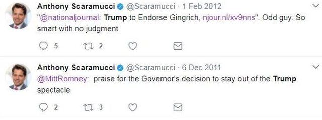 Tweet by Anthony Scaramucci reads: @nationaljournal: "Trump to Endorse Gingrich (link)". Odd guy. So smart with no judgment. Second tweet reads: MittRomney: praise for the Governor's decision to stay out of the Trump spectacle."