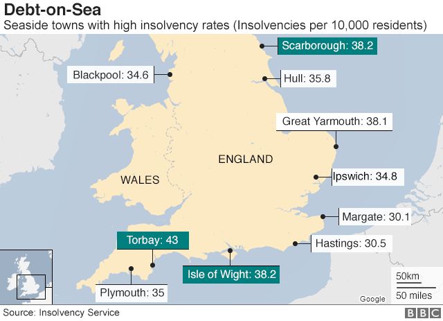 map of seaside towns with highest insolvency rates