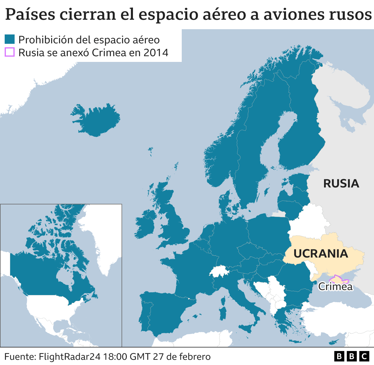 Mapa de los países que cierran espacio aéreo a Rusia