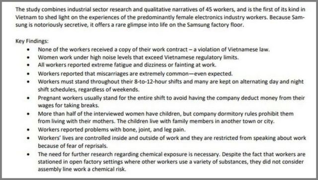 Những phát hiện chính của CFEGD và IPEN sau khi phỏng vấn các lao động nữ tại các nhà máy của Samsung