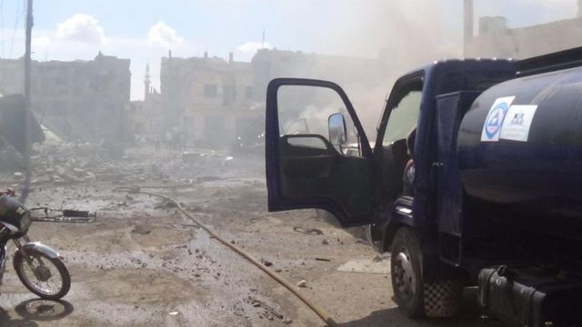 Aftermath of an airstrike in Talbiseh, Syria. 30 Sept 2015