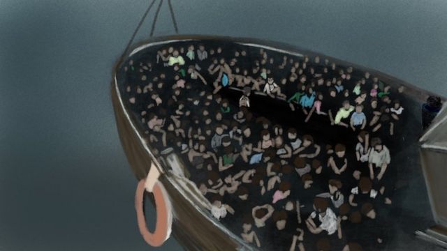 Dibujo de un barco lleno de gente