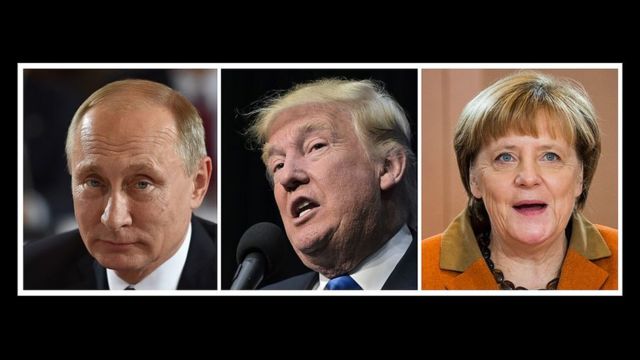 Putin (G), Trump (C) et Merkel (D)