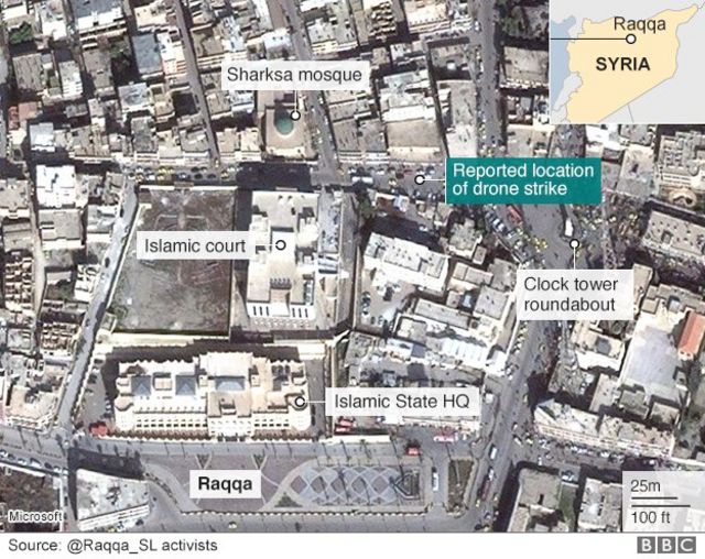 A map showing the reported location of the drone strike which reportedly killed Mohammed Emwazi