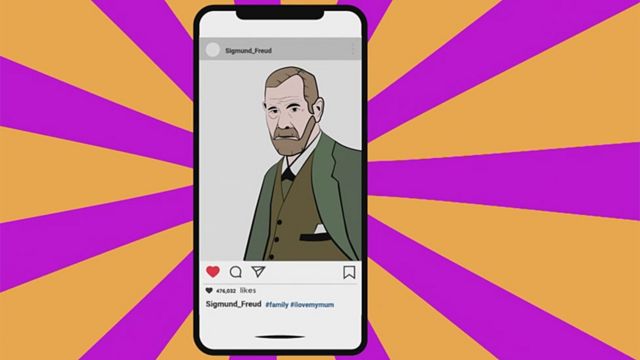 Freud en Instagram en teléfono móvil dibujo