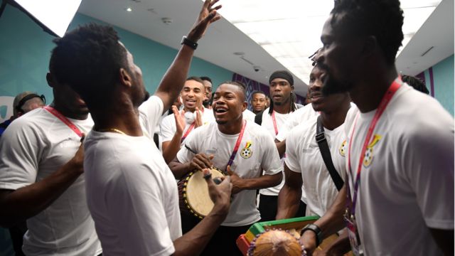 Ghana players in a corridor inside Education City Stadium