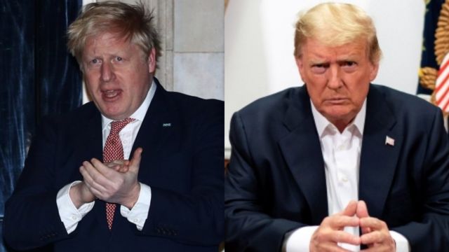 Montagem com fotos de Donald Trump e Boris Johnson lado a lado