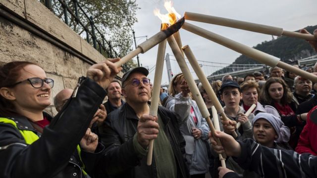 Marcha de memória do Holocausto em Budapeste, Hungria, em 14 de abril de 2019