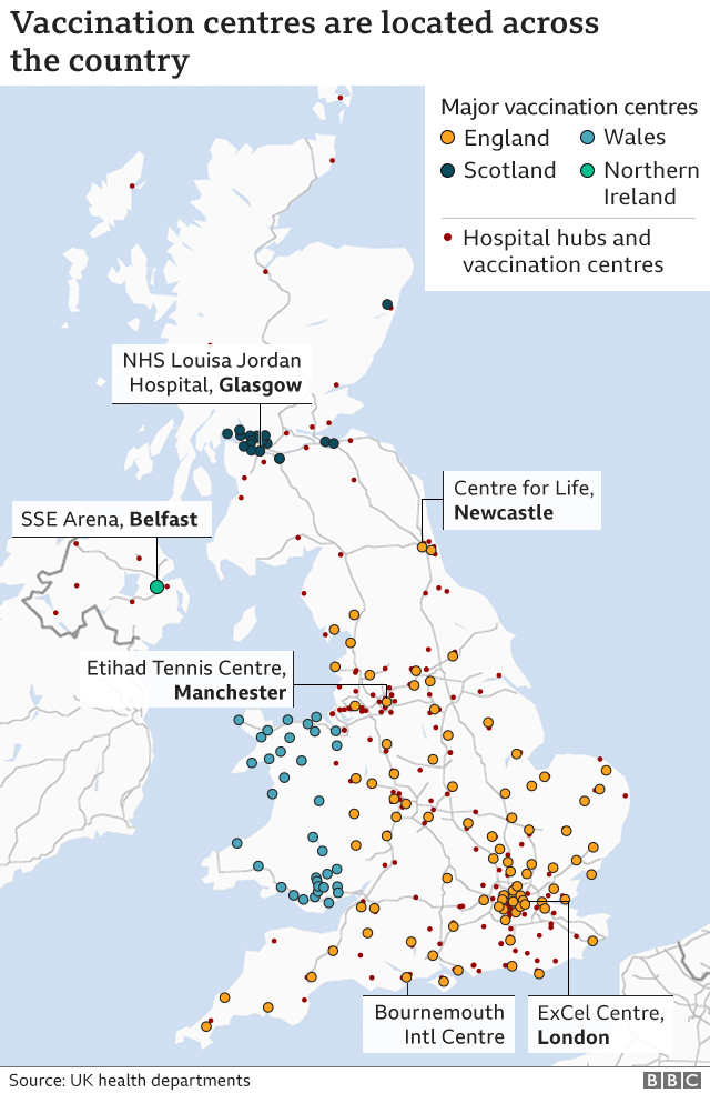 Map showing the UK's hospital hubs and mass vaccination sites