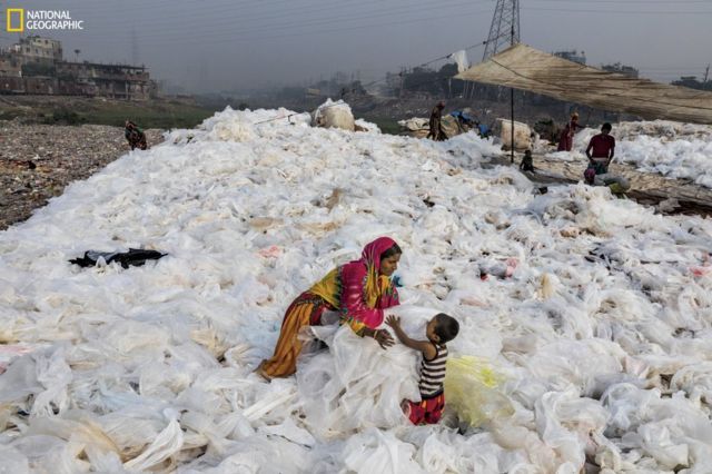 Clear plastic sheeting being spread out to dry in Bangladesh