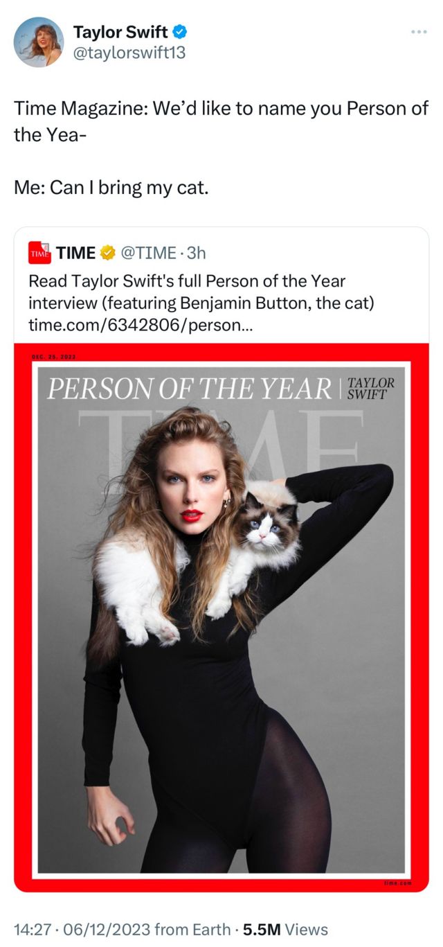 Time Magazine names Taylor Swift its 2023 Person of the Year