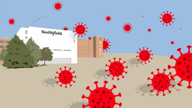 Ilustración de fábrica infectada de virus.