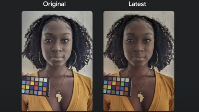 Comparaison côte à côte de photos d'une femme noire prises sans et avec la nouvelle technologie de Google, qui permet d'obtenir une représentation exacte de la carnation.