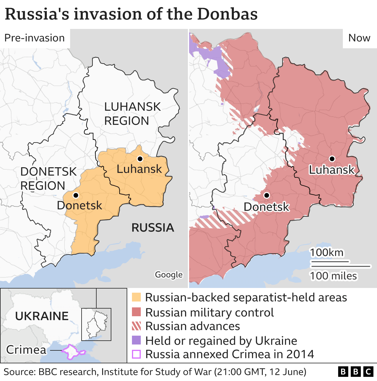 Map showing Donbas region before and after invasion, updated 13 June