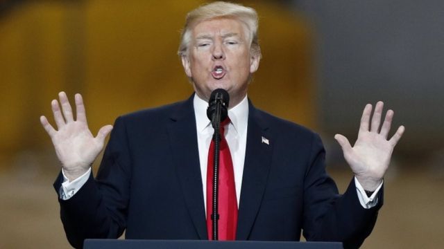 Donald Trump raises both hands during a speech