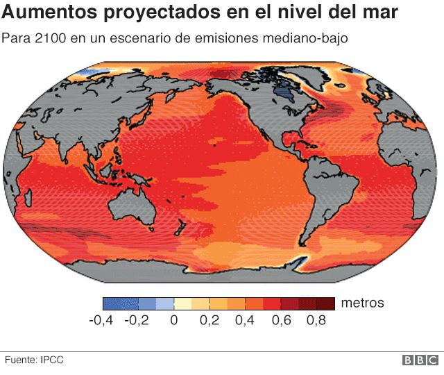 Mapa de aumentos proyectados en el nivel del mar