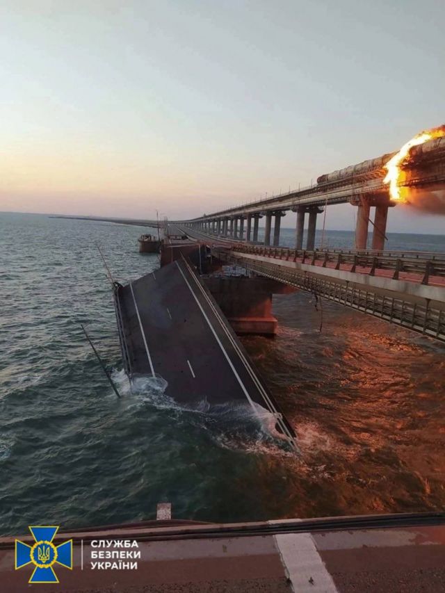 Part of the collapsed bridge, in a photo by the security services of Ukraine