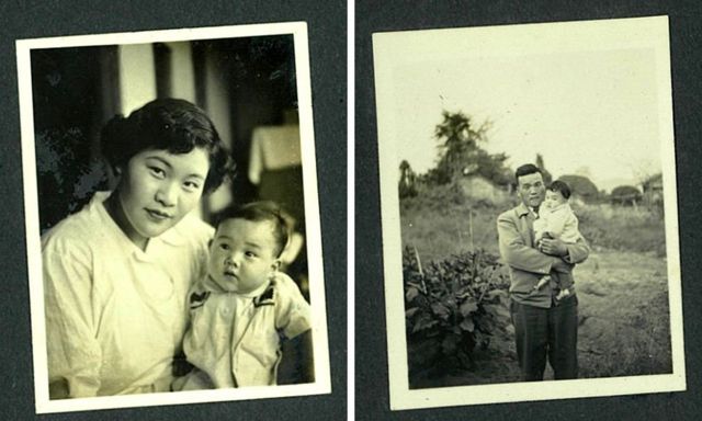 Old family album photos of Tomoko as a baby with her mother and father