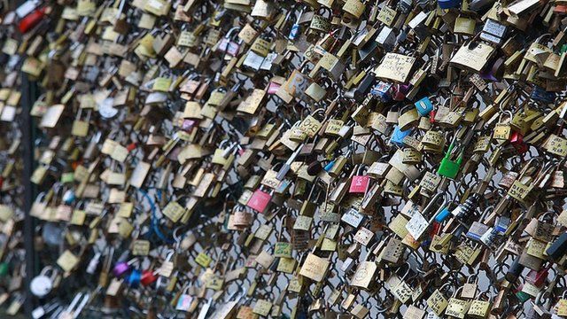 Padlocks on bridge
