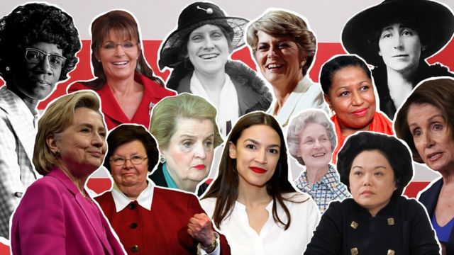 Collage image, in front of red and white stripes showing notable female politicians