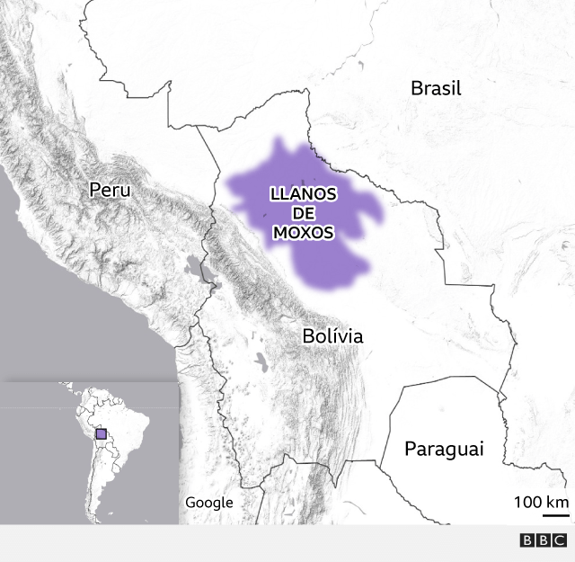 Mapa situando a região dos Llanos de Moxos, na Bolívia