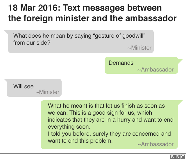 18 March 2016: text messages between the foreign minister and ambassador