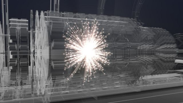 Una simulación de las colisiones a alta velocidad que ocurren en el LHC.
