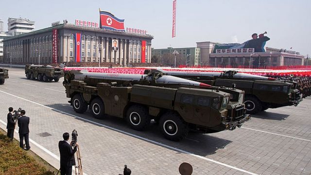 Hwasong missiles are displayed during a military parade in honour of the 100th birthday of the late North Korean leader Kim Il-Sung in Pyongyang on 15 April 2012.