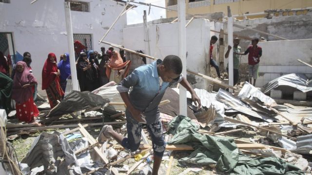 The scene of an explosion that hit Somalia's capital Mogadishu