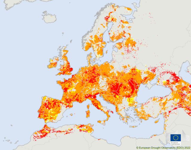 Mapa de Europa que muestra el grado de sequía en cada zona.
