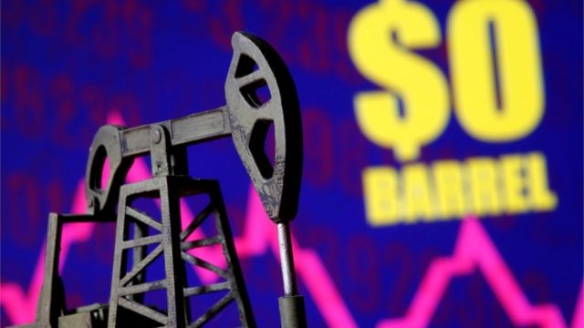 Imagem com uma miniatura de equipamento de retirada de petróleo da terra. Ao fundo, valor de US$ 0