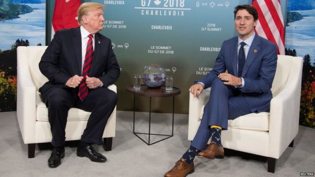Donald Trump (left) with Justin Trudeau in Quebec, Canada, 8 June