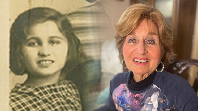 À esquerda, uma fotografia em preto e branco de Blanche Fixler quando criança. À direita, uma foto colorida dela