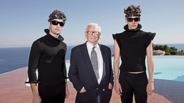 Cardin with models from his 2009 collections at his villa in France