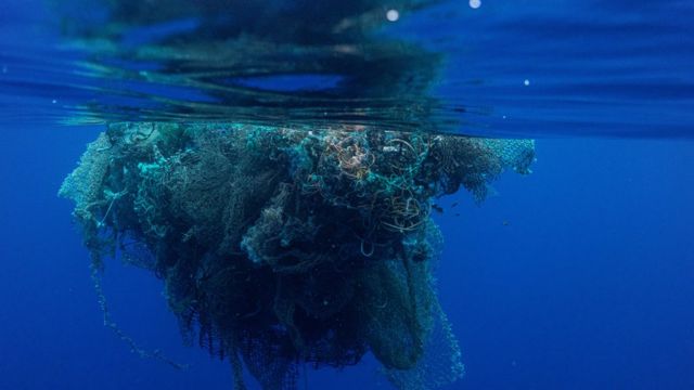 A mass of abandoned fishing gear, made up of plastic nets, ropes and buoys, in the subtropical North Pacific gyre